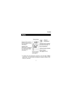 Page 5RLV4305
3
Display
Room temperature
Heating intensity indicator Time and day
Mode indicator 
(see pages 8 & 10) Appears when power to 
the thermostat is cut off 
(see page 7)
Setpoint 
temperature *
Appears if the 
thermostat is configured 
for a fan-forced heater 
(see page 11)
Period indicator
(see page 8)
Indicates that the settings 
are locked (see page 11)
* To display the set temperature (setpoint), press the Up or Down
button once. The thermostat will display the setpoint instead of the
clock for 5...