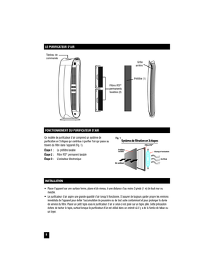 Page 8LE PURIFICATEUR D’AIR
FONCTIONNEMENT DU PURIFICATEUR D’AIR
Ce modèle de purificateur dair comprend un système de
purification en 3 étapes qui contribue à purifier lair qui passe au
travers du filtre dans lappareil (Fig. 1).
Étape 1 :Le préfiltre lavable
Étape 2 :Filtre IFD
MCpermanent lavable
Étape 3 :L’ionisateur électronique
Fig. 1
INSTALLATION
• Placer l’appareil sur une surface ferme, plane et de niveau, à une distance d’au moins 3 pieds (1 m) de tout mur ou
meuble.
• Le purificateur d’air aspire une...