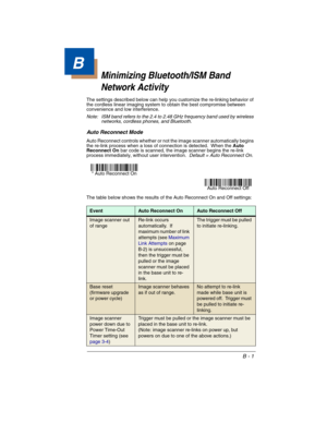 Page 185B - 1
B
Minimizing Bluetooth/ISM Band 
Network Activity
The settings described below can help you customize the re-linking behavior of 
the cordless linear imaging system to obtain the best compromise between 
convenience and low interference.
Note: ISM band refers to the 2.4 to 2.48 GHz frequency band used by wireless 
networks, cordless phones, and Bluetooth.
Auto Reconnect Mode
Auto Reconnect controls whether or not the image scanner automatically begins 
the re-link process when a loss of connection...