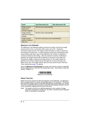 Page 186B - 2
Maximum Link Attempts
The Maximum Link Attempts setting controls the number of times the image 
scanner tries to form a connection with a base unit or PC.  During the 
connection setup process, the image scanner transmits in order to search for 
and connect to a base unit.  In order to prevent continuous transmissions that 
could interfere with other users of the ISM band, the number of attempts to 
connect is limited by this setting.  After the maximum number of attempts is 
reached, the image...