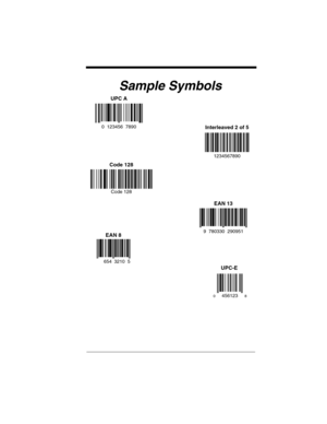 Page 189Sample Symbols
UPC A
0  123456  7890Interleaved 2 of 5
Code 128
EAN 13
1234567890
Code 128
9  780330  290951
654
EAN 8
3210  5
456123
8 0
UPC-E 