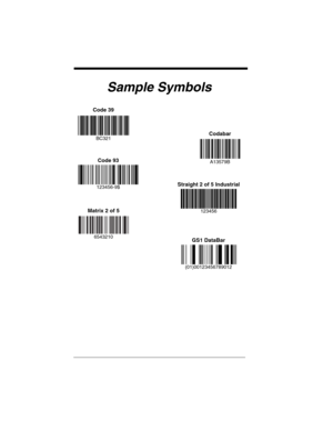 Page 190 
Sample Symbols
Code 93
123456-9$Straight 2 of 5 Industrial
123456Matrix 2 of 5
6543210GS1 DataBar
(01)00123456789012
Code 39
Codabar
BC321
A13579B 