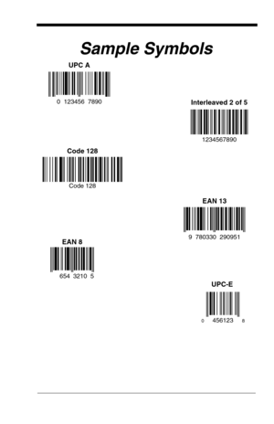 Page 187Sample Symbols
UPC A
0  123456  7890Interleaved 2 of 5
Code 128
EAN 13
1234567890
Code 128
9  780330  290951
654
EAN 8
3210  5
456123
8 0
UPC-E 