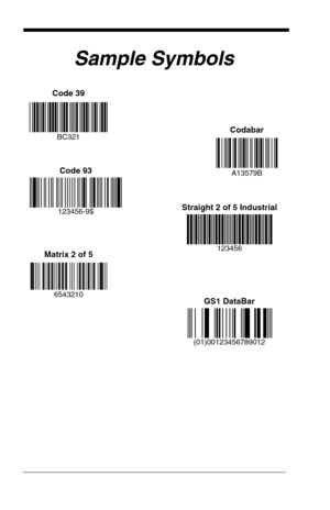 Page 188Sample Symbols
Code 93
123456-9$Straight 2 of 5 Industrial
123456Matrix 2 of 5
6543210GS1 DataBar
(01)00123456789012
Code 39
Codabar
BC321
A13579B 