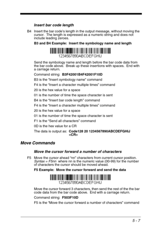 Page 775 - 7
Insert bar code length
B4 Insert the bar code’s length in the output message, without moving the 
cursor.  The length is expressed as a numeric string and does not 
include leading zeroes.
B3 and B4 Example:  Insert the symbology name and length
Send the symbology name and length before the bar code data from 
the bar code above.  Break up these insertions with spaces.  End with 
a carriage return.  
Command string:  B3F42001B4F42001F10D
B3 is the “Insert symbology name” command
F4 is the “Insert a...