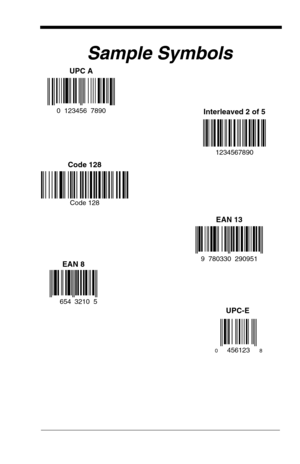 Page 187Sample Symbols
UPC A
0  123456  7890Interleaved 2 of 5
Code 128
EAN 13
1234567890
Code 128
9  780330  290951
654
EAN 8
3210  5
456123
8 0
UPC-E 