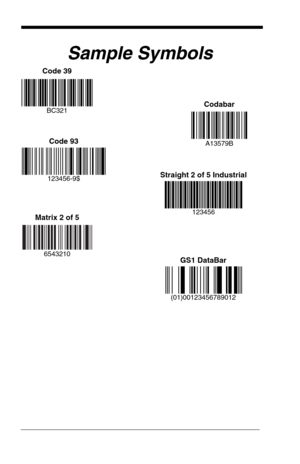 Page 188Sample Symbols
Code 93
123456-9$Straight 2 of 5 Industrial
123456Matrix 2 of 5
6543210GS1 DataBar
(01)00123456789012
Code 39
Codabar
BC321
A13579B 