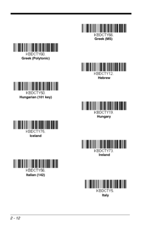 Page 282 - 12
Greek (MS)
Greek (Polytonic)
Hebrew
Hungarian (101 key)
Hungary
Iceland
Ireland
Italian (142)
Italy 