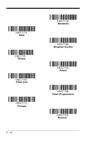 Page 302 - 14
Macedonia
Malta
Mongolian (Cyrillic)
Norway
Poland
Polish (214)
Polish (Programmers)
Portugal
Romania 