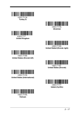 Page 332 - 17
Turkey Q
Ukrainian
United Kingdom
United Stated (Dvorak right)
United States (Dvorak left)
United States (Dvorak)
United States (International)
Uzbek (Cyrillic)
Vietnam 