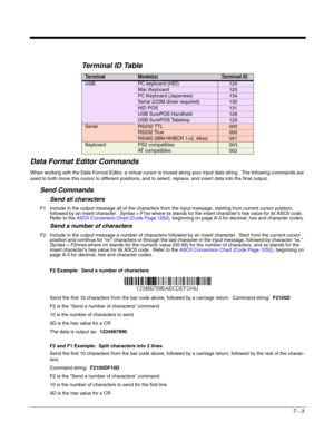 Page 1177 - 3
Data Format Editor Commands
When working with the Data Format Editor, a virtual cursor is moved along your input data string.  The following commands are 
used to both move this cursor to different positions, and to select, replace, and insert data into the final output.  
Send Commands
Send all characters
F1 Include in the output message all of the characters from the input message, starting from current cursor position, 
followed by an insert character.  Syntax = F1xx where xx stands for the...