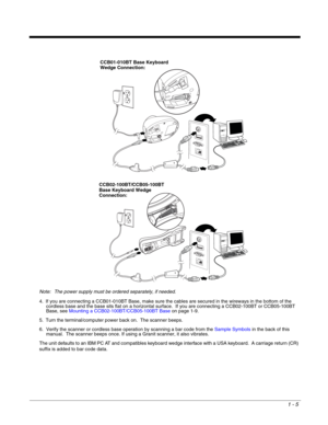 Page 171 - 5
Note: The power supply must be ordered separately, if needed.
4. If you are connecting a CCB01-010BT Base, make sure the cables are secured in the wireways in the bottom of the 
cordless base and the base sits flat on a horizontal surface.  If you are connecting a CCB02-100BT or CCB05-100BT 
Base, see Mounting a CCB02-100BT/CCB05-100BT Baseon page 1-9.
5. Turn the terminal/computer power back on.  The scanner beeps.
6. Verify the scanner or cordless base operation by scanning a bar code from the...