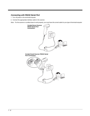 Page 181 - 6
Connecting with RS232 Serial Port
1. Turn off power to the terminal/computer.
2. Connect the appropriate interface cable to the scanner.
Note: For the scanner or cordless base to work properly, you must have the correct cable for your type of terminal/computer.
Corded Xenon Scanner 
RS232 Serial Port 
Connection:
Corded Granit Scanner RS232 Serial 
Port Connection: 