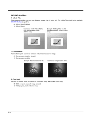 Page 1829 - 4
IMGSHP Modifiers
A - Infinity Filter
Enhances pictures taken from very long distances (greater than 10 feet or 3m).  The Infinity Filter should not be used with 
IMGSNP Modifiers (page 9-1).
0A Infinity filter off (default)
1A Infinity filter on
C - Compensation
Flattens the image to account for variations in illumination across the image.
0C Compensation disabled (default)
1C Compensation enabled
D - Pixel Depth
Indicates the number of bits per pixel in the transmitted image (KIM or BMP format...