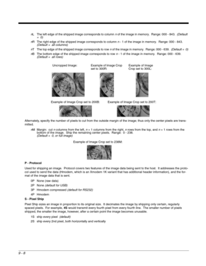 Page 1869 - 8
nL The left edge of the shipped image corresponds to column n of the image in memory.  Range: 000 - 843.  (Default 
=  0)
nR The right edge of the shipped image corresponds to column n - 1 of the image in memory.  Range: 000 - 843.  
(Default =  all columns)
nT The top edge of the shipped image corresponds to row n of the image in memory.  Range: 000 - 639.  (Default =  0)
nB The bottom edge of the shipped image corresponds to row n - 1 of the image in memory.  Range: 000 - 639.  
(Default =  all...