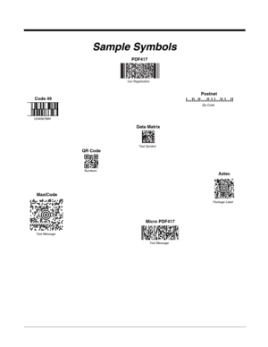 Page 267Sample Symbols
Aztec
MaxiCode
Micro PDF417
Package Label
Test Message
Test Message
PDF417
Postnet
Code 49
Car Registration
Zip Code
1234567890
Data Matrix
QR Code
Test Symbol
Numbers 