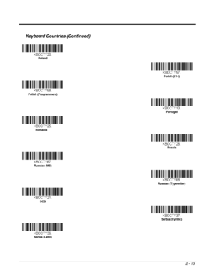 Page 392 - 13
Keyboard Countries (Continued)
Poland
Polish (214)
Polish (Programmers)
Portugal
Romania
Russia
Russian (MS)
Russian (Typewriter)
SCS
Serbia (Cyrillic)
Serbia (Latin) 