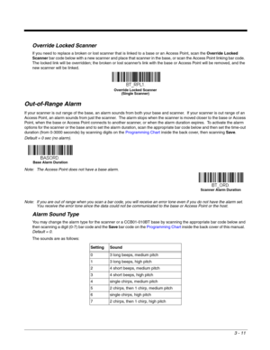 Page 613 - 11
Override Locked Scanner
If you need to replace a broken or lost scanner that is linked to a base or an Access Point, scan the Override Locked 
Scanner bar code below with a new scanner and place that scanner in the base, or scan the Access Point linking bar code.  
The locked link will be overridden; the broken or lost scanner’s link with the base or Access Point will be removed, and the 
new scanner will be linked.
Out-of-Range Alarm
If your scanner is out range of the base, an alarm sounds from...