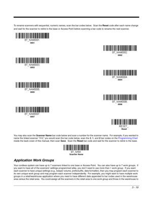 Page 693 - 19
To rename scanners with sequential, numeric names, scan the bar codes below.  Scan the Reset code after each name change 
and wait for the scanner to relink to the base or Access Point before scanning a bar code to rename the next scanner.
You may also scan the Scanner Name bar code below and scan a number for the scanner name.  For example, if you wanted to 
name the linked scanner “312,” you would scan the bar code below, scan the 3, 1, and 2 bar codes on the Programming Chart 
inside the back...