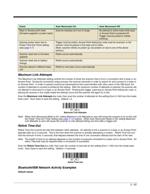 Page 753 - 25
Maximum Link Attempts
The Maximum Link Attempts setting controls the number of times the scanner tries to form a connection with a base or an 
Access Point.  During the connection setup process, the scanner transmits in order to search for and connect to a base or 
an Access Point.  In order to prevent continuous transmissions that could interfere with other users of the ISM band, the 
number of attempts to connect is limited by this setting.  After the maximum number of attempts is reached, the...