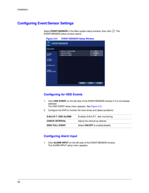 Page 5858 Installation
Configuring Event/Sensor Settings
Select EVENT/SENSOR in the Main system setup window, then click  . The 
EVENT/SENSOR setup window opens.
Figure 2-51 EVENT/SENSOR Setup Window
Configuring for HDD Events
1. Click HDD EVENT on the left side of the EVENT/SENSOR window if it is not already 
selected.
The HDD EVENT setup menu appears. See Figure 2-51.
2. Configure the DVR to monitor the hard drives and detect problems:
Configuring Alarm Input
1. Click ALARM INPUT on the left side of the...