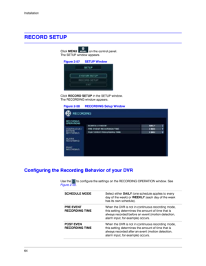 Page 6464 Installation
RECORD SETUP
Click MENU   on the control panel.
The SETUP window appears.
Figure 2-57 SETUP Window
Click RECORD SETUP in the SETUP window.
The RECORDING window appears. 
Figure 2-58 RECORDING Setup Window
Configuring the Recording Behavior of your DVR
Use the   to configure the settings on the RECORDING OPERATION window. See 
Figure 2-58. 
SCHEDULE MODESelect either DAILY (one schedule applies to every 
day of the week) or WEEKLY (each day of the week 
has its own schedule).
PRE EVENT...