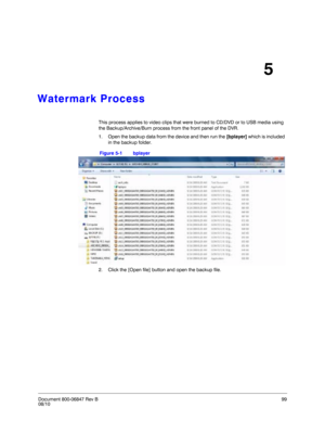 Page 99Document 800-06847 Rev B99
08/10
5
Watermark Process
This process applies to video clips that were burned to CD/DVD or to USB media using 
the Backup/Archive/Burn process from the front panel of the DVR. 
1. Open the backup data from the device and then run the [bplayer] which is included 
in the backup folder. 
Figure 5-1 bplayer
2. Click the [Open file] button and open the backup file.  