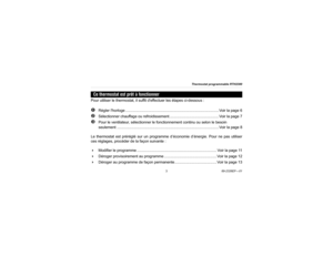 Page 27Thermostat programmable RTH2300
369-2326EF—01
Pour utiliser le thermostat, il suffit deffectuer les étapes ci-dessous :
Régler lhorloge ......................................................................................... Voir la page 6

Sélectionner chauffage ou refroidissement ............................................... Voir la page 7

Pour le ventilateur, sélectionner le fonctionnement continu ou selon le besoin 
seulement...