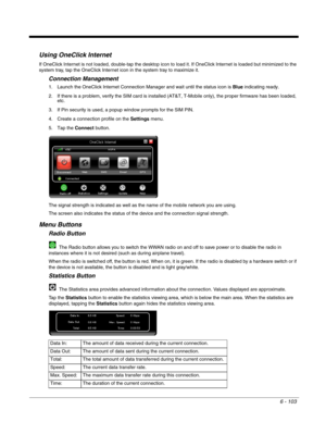 Page 1976 - 103
Using OneClick Internet
If OneClick Internet is not loaded, double-tap the desktop icon to load it. If OneClick Internet is loaded but minimized to the 
system tray, tap the OneClick Internet icon in the system tray to maximize it.
Connection Management
1. Launch the OneClick Internet Connection Manager and wait until the status icon is Blue indicating ready.
2. If there is a problem, verify the SIM card is installed (AT&T, T-Mobile only), the proper firmware has been loaded, 
etc.
3. If Pin...