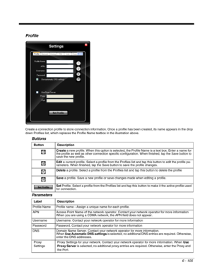 Page 1996 - 105
Profile
Create a connection profile to store connection information. Once a profile has been created, its name appears in the drop 
down Profiles list, which replaces the Profile Name textbox in the illustration above.
Buttons
Parameters
Button Description
Create a new profile. When this option is selected, the Profile Name is a text box. Enter a name for 
the profile as well as other connection specific configuration. When finished, tap the Save button to 
save the new profile.
Edit a current...