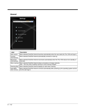 Page 2066 - 112
General
Label Description
Auto Launch  When selected OneClick Internet launches automatically when the user starts the Thor VX9 and logs in. 
Connect 
Automatically When selected OneClick Internet automatically connects on start-up. 
Reconnect
Automatically When selected OneClick Internet reconnects automatically when the Thor VX9 returns from standby or 
hibernate. 
Allow roaming  When selected OneClick Internet allows connections in foreign networks.
Note: Use care when enabling roaming to...