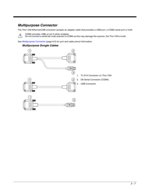 Page 283 - 7
Multipurpose Connector
The Thor VX9 Ethernet/USB connector accepts an adapter cable that provides a USB port, a COM4 serial port or both.
See Multipurpose Connector (page 8-5) for port and cable pinout information.
Multipurpose Dongle Cables
COM4 provides +12v on pin 9 when enabled.
Do not connect a serial bar code scanner to COM4 as this may damage the scanner, the Thor VX9 or both.
1. To D15 Connector on Thor VX9
2. D9 Serial Connector (COM4)
3. USB Connector
! 