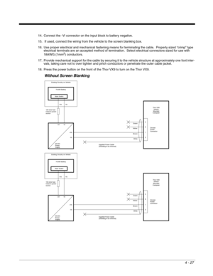 Page 694 - 27
14. Connect the -Vi connector on the input block to battery negative.  
15.  If used, connect the wiring from the vehicle to the screen blanking box.
16. Use proper electrical and mechanical fastening means for terminating the cable.  Properly sized “crimp” type 
electrical terminals are an accepted method of termination.  Select electrical connectors sized for use with 
18AWG (1mm
2) conductors.
17. Provide mechanical support for the cable by securing it to the vehicle structure at approximately...