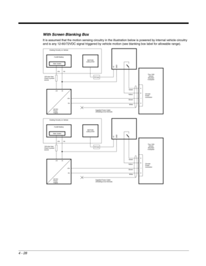 Page 704 - 28
With Screen Blanking Box
It is assumed that the motion sensing circuitry in the illustration below is powered by internal vehicle circuitry 
and is any 12-60/72VDC signal triggered by vehicle motion (see blanking box label for allowable range).
Circular
Power
Connector
-Vo +Vo
DC/DC
Power
SupplySupplied Power Cable
(Shielding tobe trimmed)5
6
1
3 Green
Yellow
Brown
White
Existing Circuitry onVehicle
Forklift Battery
-Vo
+Vo
10A slowfuse
Close to power
source
-Vi
+Vi
Main Switch
ThorVX8
Vehicle...