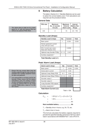 Page 45997-492-000-6, Issue 6
July 201138
EN54 & ISO 7240 2-8 Zone Conventional Fire Panel - Installation & Configuration Manual
9 Battery Calculation
The table in Section 6.4.1 Standby Batteries can be used
to select the correct battery size. If full calculations are
required use the procedure below.
General Data
PSU size Maximum Maximum Internal
No. of sounder External Battery Size
CircuitsAlarm LoadRange
  1.8A 2 1A 2.8 - 7Ah
Standby Load (Amps)
Standby Load in Amps No. Current Total
Basic panel1 0.034...