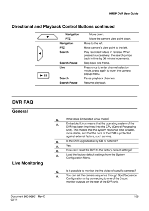 Page 105HRDP DVR User Guide 
 
________________________________________________________________________\
______________________ 
Document 800 -06801   Rev D  105 
02/11    
Directional and Playback Control Buttons continued
 
 
 Navigation 
 Move down.  
  PTZ 
  Move the camera view point down.  
 
 Navigation 
 Move to the left. 
 PTZ  Move camera’s view point to the left. 
  Search 
  Play recorded videos in reverse.  When 
pressed successively, the search jumps 
back in time by 30 minute increments....