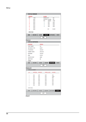 Page 58Setup 
 
________________________________________________________________________\
______________________ 
58  
   
 
Sensor  
 
Network 
 
Event  
 
   
DISKRECORDA UDIOSENSORN ET WORKEVENT
STA TUS-EVENT
EXIT
CH
1
2
3
4
5
6
7
8
CH9-CH16 M
OTION
ON
ON
ON
ON
ON
ON
ON
ON SENSOR
OFF
OFF
OFF
OFF
OFF
OFF
OFF
OFF VIDEO
LOSS
OFF
OFF
OFF
OFF
OFF
OFF
OFF
OFF A
LARM
ON
ON
ON
ON
ON
ON
ON
ON 