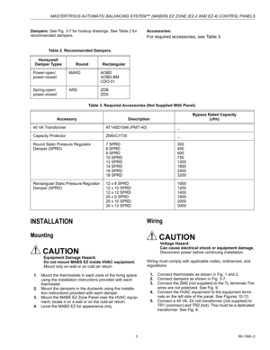 Page 3MASTERTROL® AUTOMATIC BALANCING SYSTEM™ (MABS®) EZ ZONE (EZ-2 AND EZ-4) CONTROL PANELS
3 69-1360–2
Dampers: See Fig. 3-7 for hookup drawings. See Table 2 for 
recommended dampers.Accessories:
For required accessories, see Table 3.
INSTALLATION
Mounting
CAUTION
Equipment Damage Hazard.
Do not mount MABS EZ inside HVAC equipment.
Mount only on wall or on cold air return
1.Mount the thermostats in each zone of the living space 
using the installation instructions provided with each 
thermostat.
2.Mount the...