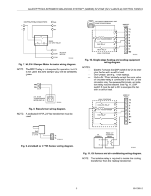 Page 5MASTERTROL® AUTOMATIC BALANCING SYSTEM™ (MABS®) EZ ZONE (EZ-2 AND EZ-4) CONTROL PANELS
5 69-1360–2
Fig. 7. ML6161 Damper Motor Actuator wiring diagram.
NOTE: The R8222 relay is not required for operation, but if it 
is not used, the zone damper LED will be constantly 
green.
Fig. 8. Transformer wiring diagram.
NOTE: A dedicated 40 VA, 24 Vac transformer must be 
used.
Fig. 9. ZoneMAX or C7735 Sensor wiring diagram.Fig. 10. Single-stage heating and cooling equipment 
wiring diagram.
NOTES:
— Electric...