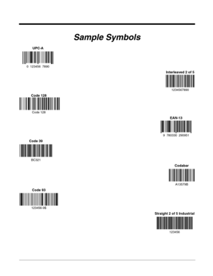 Page 224Sample Symbols
UPC-A
0  123456  7890
Interleaved 2 of 5
1234567890
Code 128
Code 128
EAN-13
9  780330  290951
Code 39
BC321
Codabar
A13579B
Code 93
123456-9$
Straight 2 of 5 Industrial
123456 