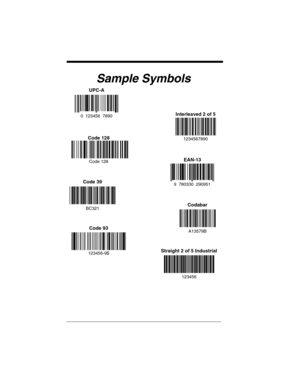 Page 242Sample Symbols
UPC-A
0  123456  7890Interleaved 2 of 5
Code 128
EAN-13
Code 39
Codabar
1234567890
Code 128
9  780330  290951
BC321
A13579B
Code 93
123456-9$Straight 2 of 5 Industrial
123456 