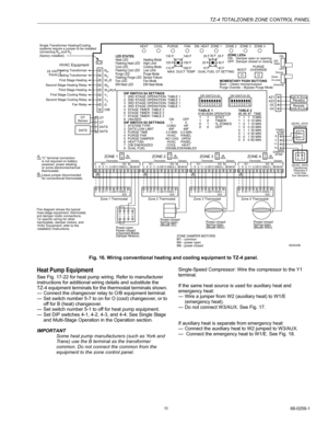 Page 11TZ-4 TOTALZONE® ZONE CONTROL PANEL
11 68-0259-1
Fig. 16. Wiring conventional heating and cooling equipment to TZ-4 panel.
Heat Pump Equipment
See Fig. 17-22 for heat pump wiring. Refer to manufacturer 
instructions for additional wiring details and substitute the   
TZ-4 equipment terminals for the thermostat terminals shown. 
— Connect the changeover relay to O/B equipment terminal. 
— Set switch number 5-7 to on for O (cool) changeover, or to 
off for B (heat) changeover. 
— Set switch number 5-1 to...