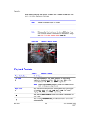 Page 101Operation
Rev 3.03 83 Document 900.0315
02/07
When playing video, the DVR displays the text-in data if there is any text input. The 
text-in information displays on the image.
NoteThe text-in displays only in full screen.
NoteMake sure that Text-In is turned On during OSD setup if you 
want to display the text-in information on the playback image 
(see OSD (On-Screen Display) Setup, page 58).
Figure 4-6 Playback (Text-In) Screen
Playback Controls
Table 4-1 Playback Controls 
Press this button … To do...