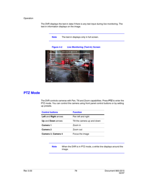 Page 97Operation
Rev 3.03 79 Document 900.0315
02/07
The DVR displays the text-in data if there is any text input during live monitoring. The 
text-in information displays on the image.
NoteThe text-in displays only in full screen.
Figure 4-2 Live Monitoring (Text-In) Screen
PTZ Mode
The DVR controls cameras with Pan, Tilt and Zoom capabilities. Press PTZ to enter the 
PTZ mode. You can control the camera using front panel control buttons or by setting 
up presets. 
NoteWhen the DVR is in PTZ mode, a white line...