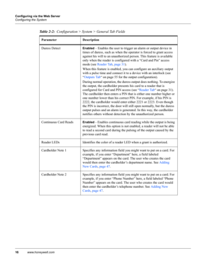 Page 2616www.honeywell.com Configuring via the Web Server
Configuring the System
Duress DetectEnabled – Enables the user to trigger an alarm or output device in 
times of duress, such as when the operator is forced to grant access 
against his will to an unauthorized person. This feature is available 
only when the reader is configured with a “Card and Pin” access 
mode (see Reader Tab, page 31).
When this feature is enabled, you can configure an auxiliary output 
with a pulse time and connect it to a device...