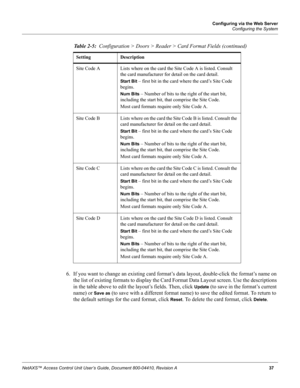 Page 47Configuring via the Web Server
Configuring the System
NetAXS™ Access Control Unit User’s Guide, Document 800-04410, Revision A 37
6. If you want to change an existing card format’s data layout, double-click the format’s name on 
the list of existing formats to display the Card Format Data Layout screen. Use the descriptions 
in the table above to edit the layout’s fields. Then, click 
Update (to save in the format’s current 
name) or 
Save as (to save with a different format name) to save the edited...