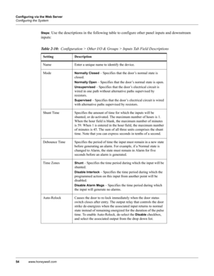 Page 6454www.honeywell.com Configuring via the Web Server
Configuring the System
Steps: Use the descriptions in the following table to configure other panel inputs and downstream 
inputs:
Table 2-10:  Configuration > Other I/O & Groups > Inputs Tab Field Descriptions
Setting Description
Name Enter a unique name to identify the device.
Mode
Normally Closed – Specifies that the door’s normal state is 
closed.
Normally Open – Specifies that the door’s normal state is open.
Unsupervised – Specifies that the door’s...