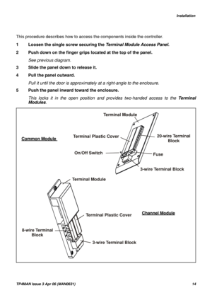 Page 14   Installation
TP4MAN Issue 3 Apr 06 (MAN0631)14
This procedure describes how to access the components inside the controller.
1 Loosen the single screw securing the Terminal Module Access Panel.
2 Push down on the finger grips located at the top of the panel.
See previous diagram.
3 Slide the panel down to release it. 
4 Pull the panel outward.
Pull it until the door is approximately at a right-angle to the enclosure.
5 Push the panel inward toward the enclosure.
This locks it in the open position and...