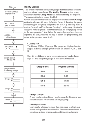 Page 3022 Modify Groups
This option determines the system groups that the user has access to
and operational control over. The Modify Groups option is only
available when the Group Mode has been enabled by the engineer.
The system defaults to groups disabled.
Groups allocated to the user are displayed when the Modify Groups
option is selected. All users default to Group 1. Pressing the group
number toggles the group assigned to the user. e.g. Pressing 2 and 3
assigns Groups 2 and 3 to the user. Pressing 1...