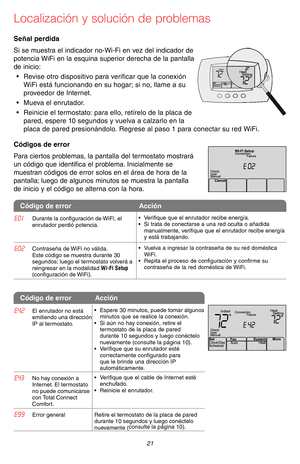 Page 51 21 69-2715EF—07
Localización y solución de problemas
Señal perdida
Si se muestra el indicador no-Wi-Fi en vez del indicador de 
potencia WiFi en la esquina superior derecha de la pantalla 
de inicio:
• Revise otro dispositivo para verificar que la conexión 
WiFi está funcionando en su hogar; si no, llame a su 
proveedor de Internet.
• Mueva el enrutador.
• Reinicie el termostato: para ello, retírelo de la placa de 
pared, espere 10 segundos y vuelva a calzarlo en la 
placa de pared presionándolo....